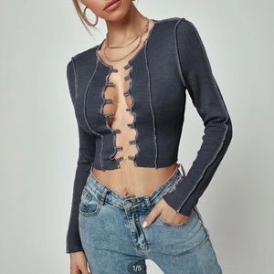 Shein long sleeve tie front navy top